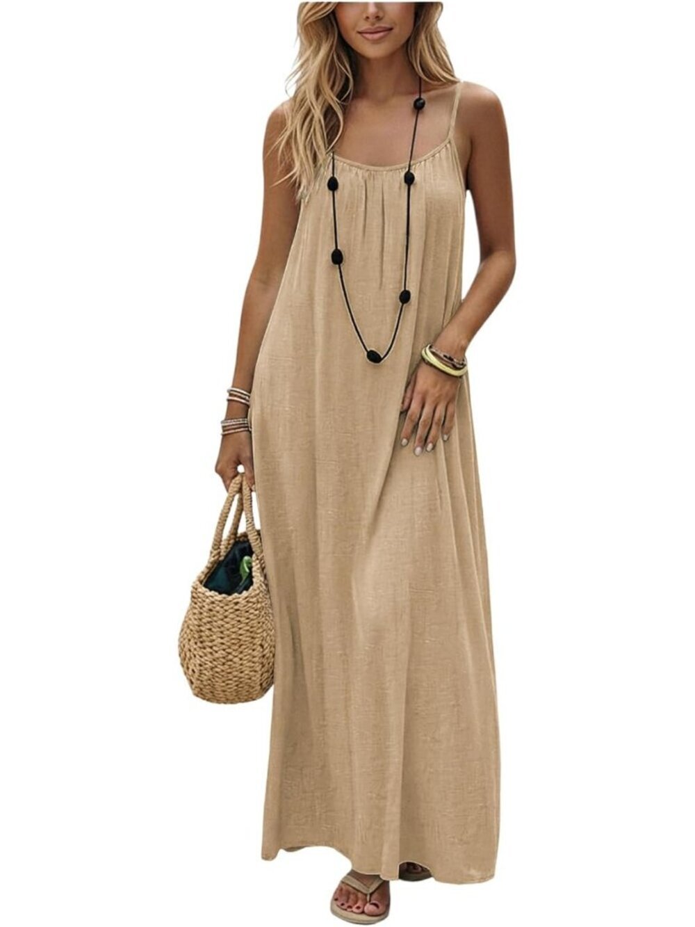Women's Open Back Spaghetti Strap Beach Maxi Dress Apricot Flowy Sundress